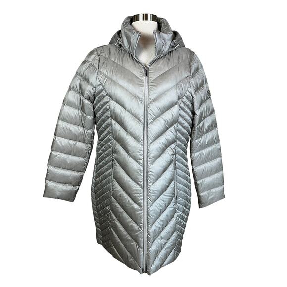 Michael Kors Quilted Puffer Coat Size Large Gray Mid Length Packable Jacket - Picture 1 of 11